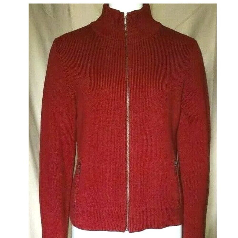 Eddie Bauer Red Zip Cardigan M Heavy Cotton‎ Knit Sweater with Pockets